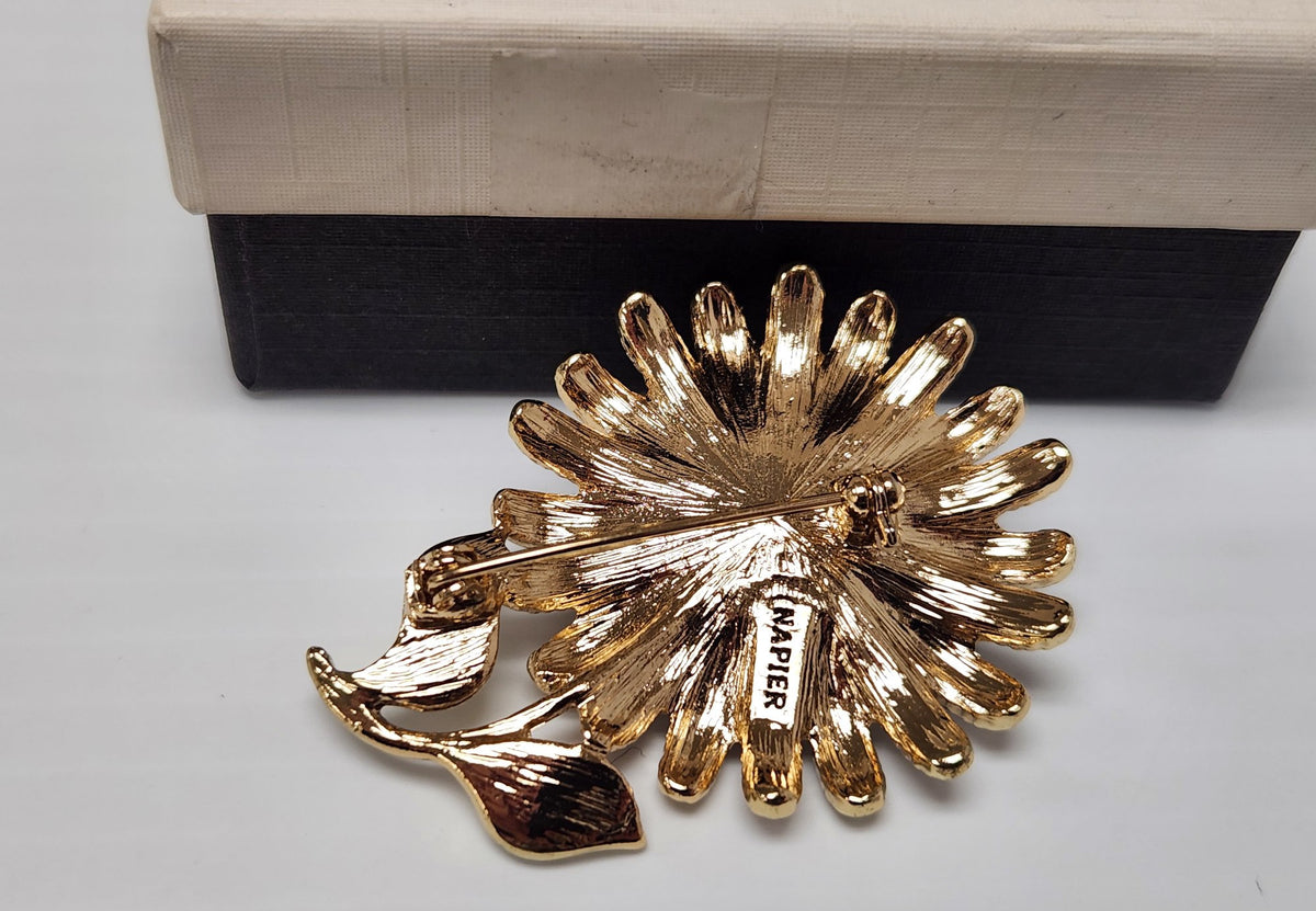 1960s–80s Napier Flower Brooch Pink Rhinestones Green Leaves Gold-Tone 2.5