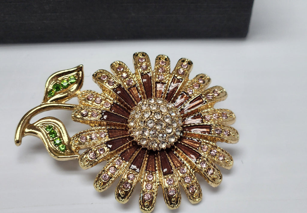 1960s–80s Napier Flower Brooch Pink Rhinestones Green Leaves Gold-Tone 2.5