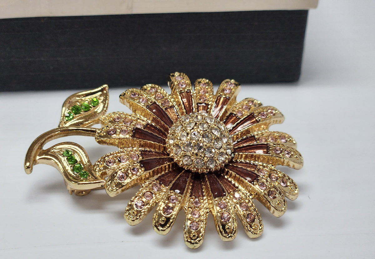 1960s–80s Napier Flower Brooch Pink Rhinestones Green Leaves Gold-Tone 2.5