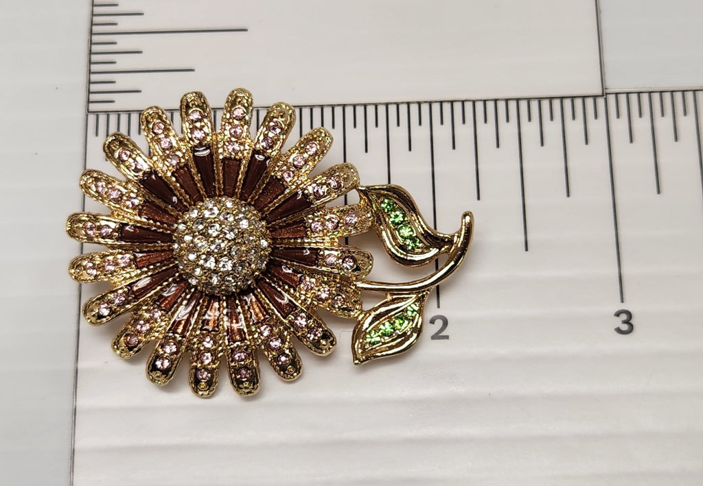 1960s–80s Napier Flower Brooch Pink Rhinestones Green Leaves Gold-Tone 2.5