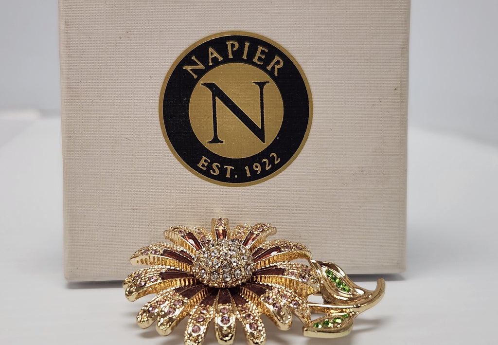 1960s–80s Napier Flower Brooch Pink Rhinestones Green Leaves Gold-Tone 2.5