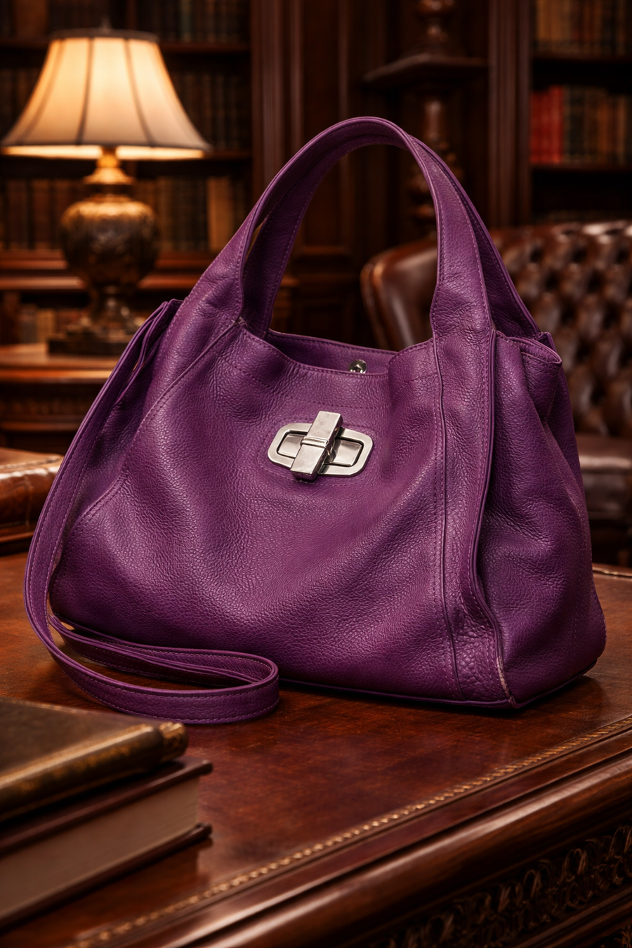 Purple pebbled leather hobo shoulder bag with turn-lock and leopard print lining
