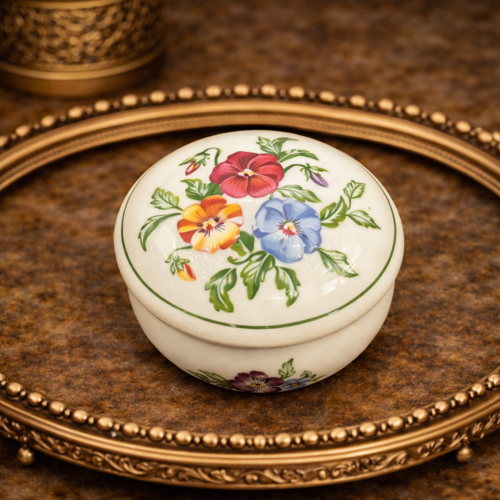 Porcelain Floral Trinket Box Pansy Bouquet Lid Gold Rim Detail