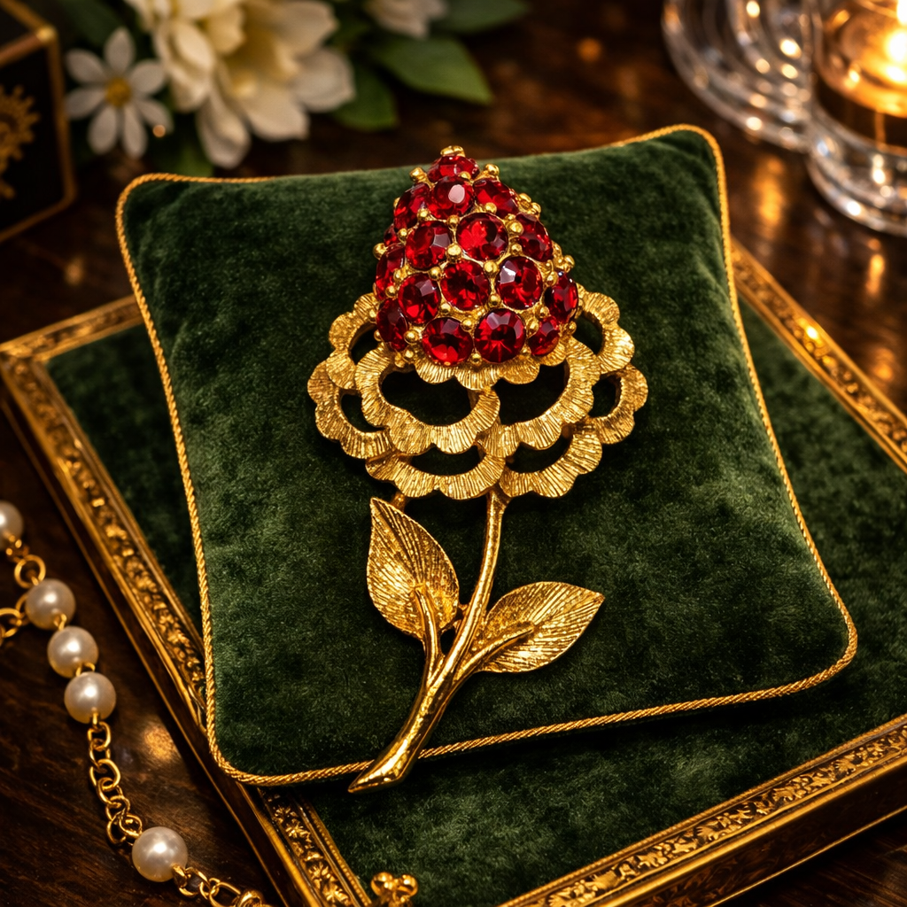 (SOLD) Vintage Red Rhinestone Flower Brooch | Brushed Gold Tone Floral Statement Pin