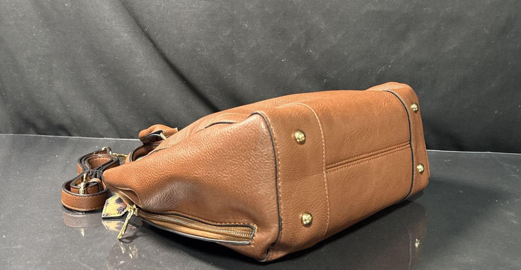 Chestnut Brown Satchel Handbag with Leopard Interior, Concealed Carry Style Shoulder Purse