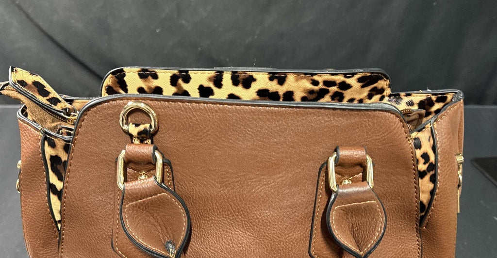 Chestnut Brown Satchel Handbag with Leopard Interior, Concealed Carry Style Shoulder Purse