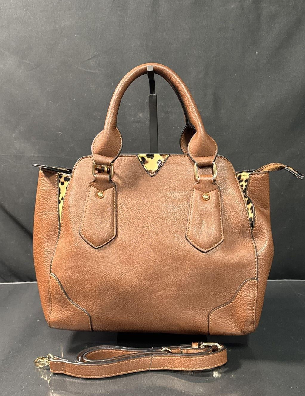 Chestnut Brown Satchel Handbag with Leopard Interior, Concealed Carry Style Shoulder Purse