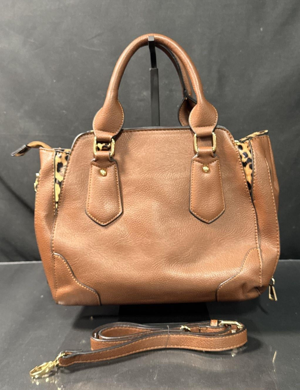 Chestnut Brown Satchel Handbag with Leopard Interior, Concealed Carry Style Shoulder Purse