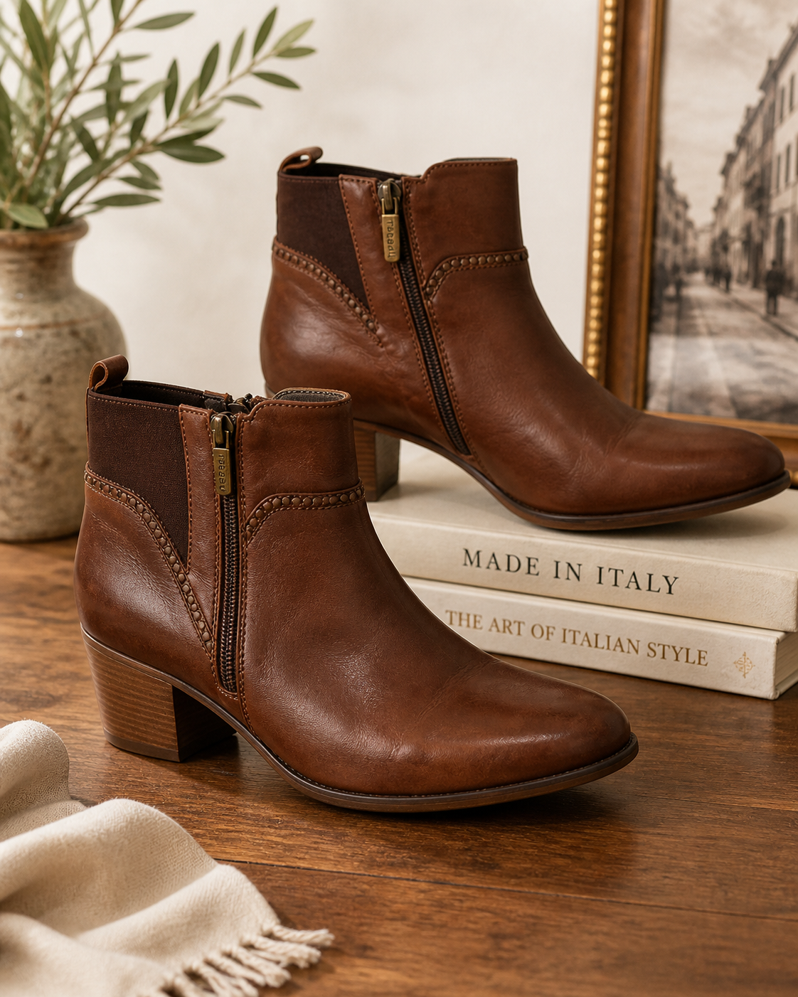 Italian Leather Ankle Booties Brown Heeled Side Zip Boots Women’s Size 8.5 (EU 39) Italeau