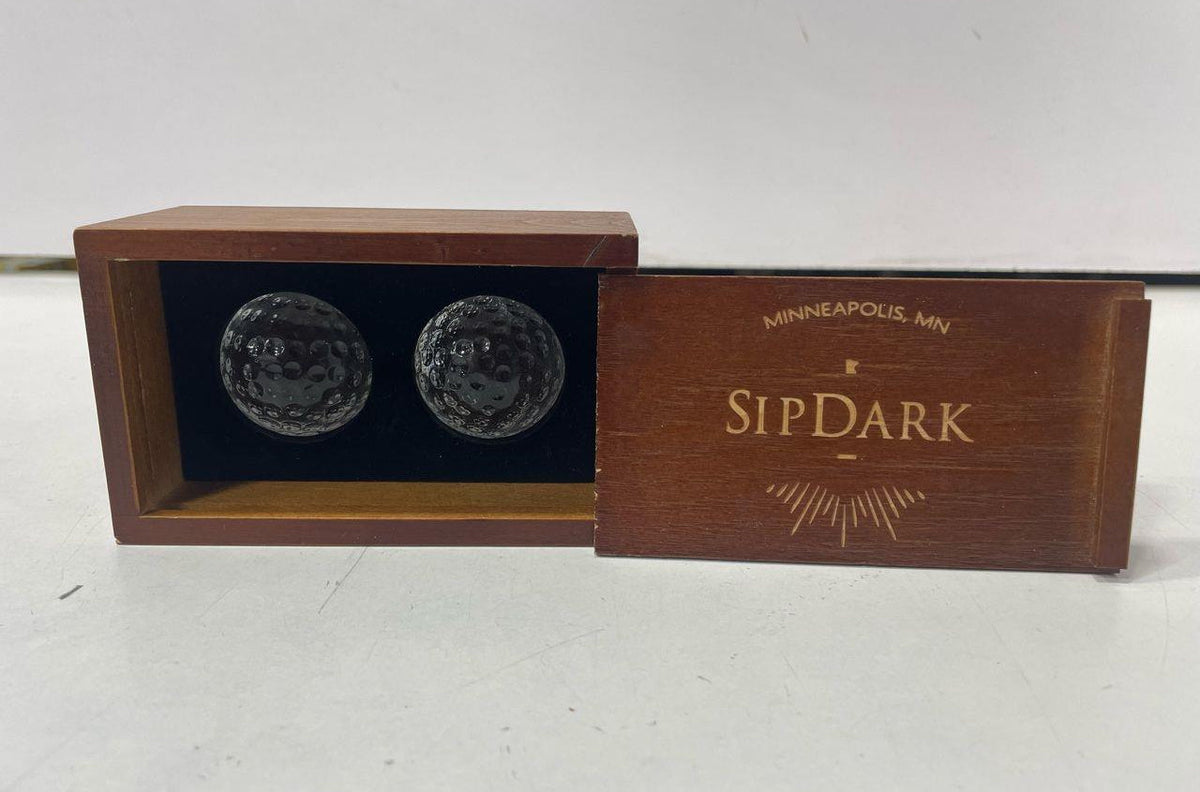 SipDark two golf ball style glass whiskey chillers in a sliding-lid wooden box, view 2