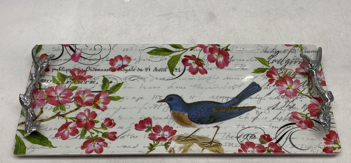 Mariposa rectangular ceramic serving tray with colorful bird and floral design, view 6