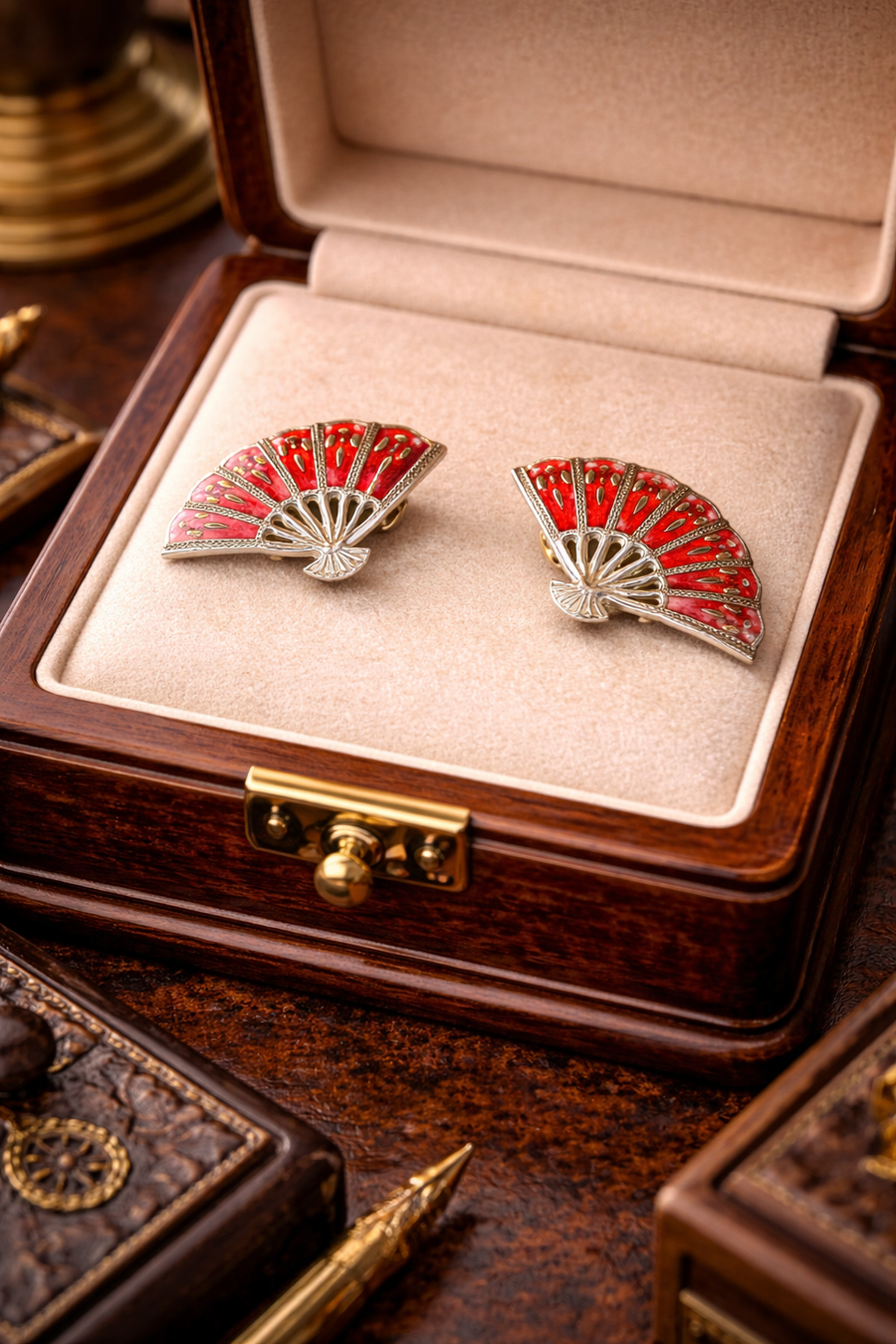 Siam sterling fan clip earrings with red enamel panels and etched detail