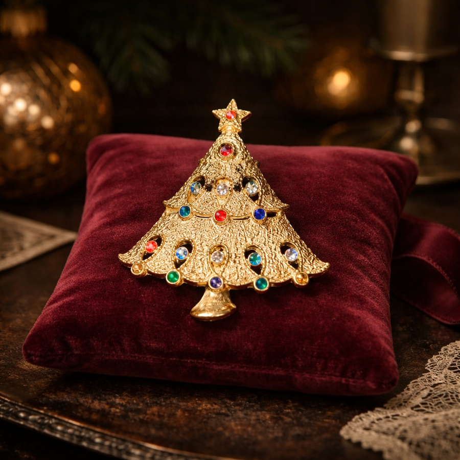 Signed JJ gold-tone Christmas tree brooch with multicolor rhinestones and star top