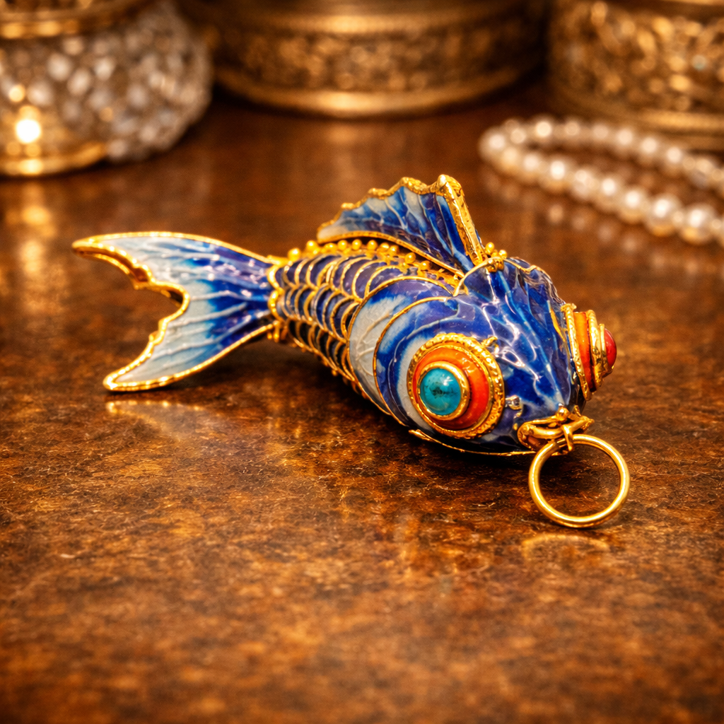 Blue Enamel Cloisonne Articulated Fish Pendant Gold Tone Wirework Detail