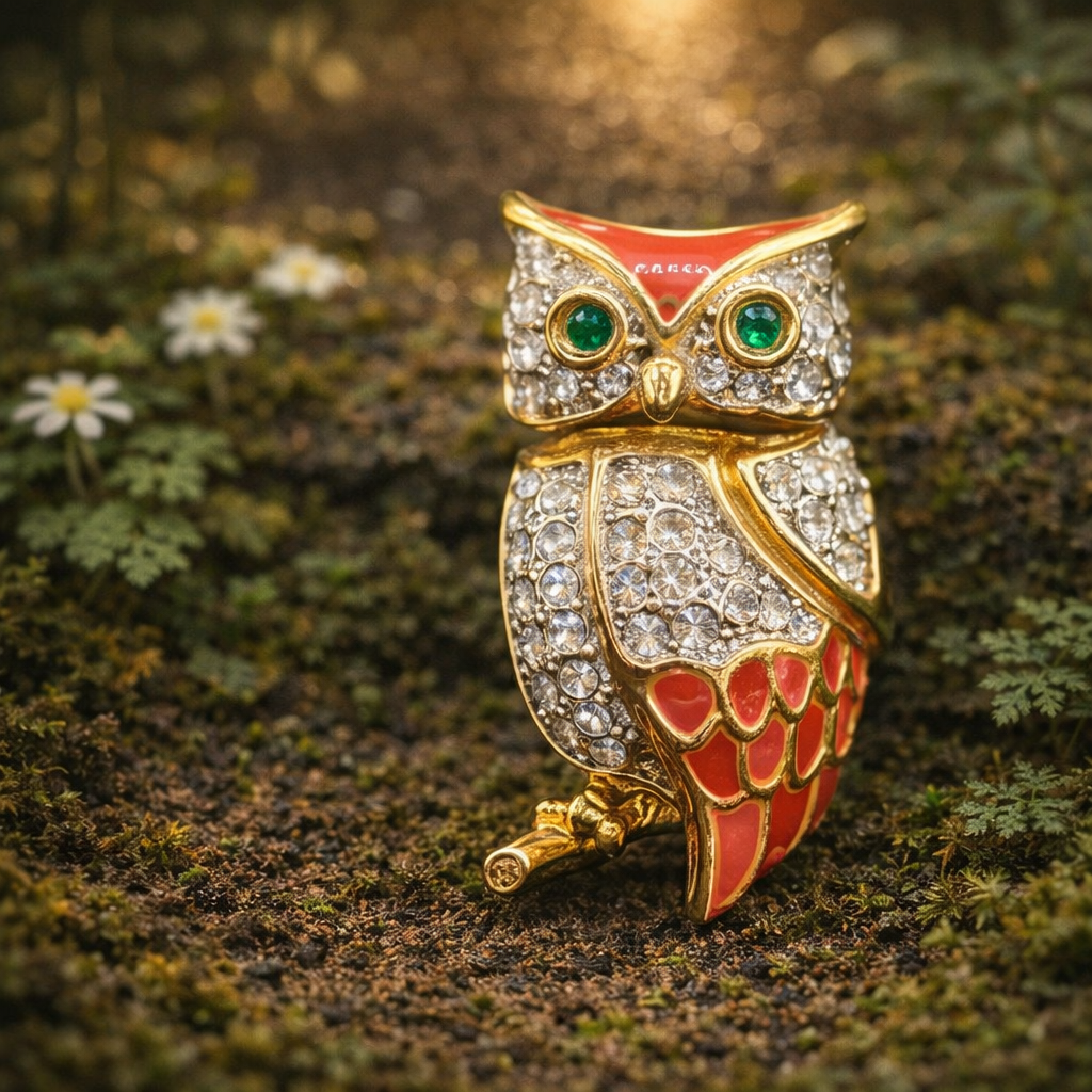 Gold-tone owl brooch with red enamel, clear rhinestone body and green eyes