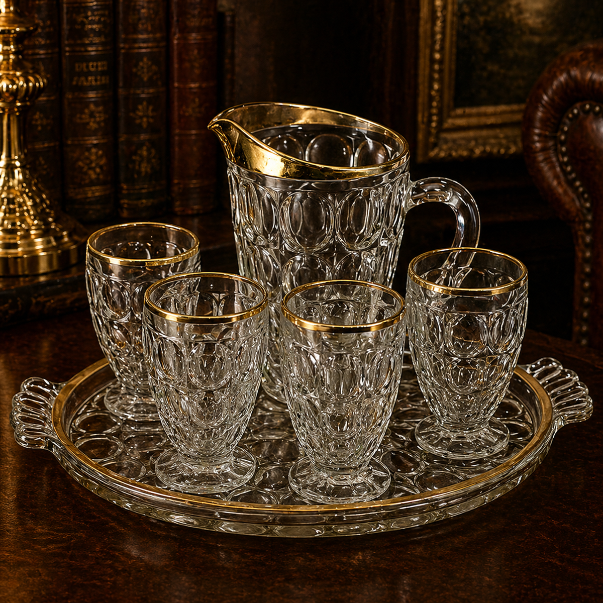 1940s–1950s Jeannette Thumbprint Glass Beverage Set Gold Rim Pitcher Glasses Tray