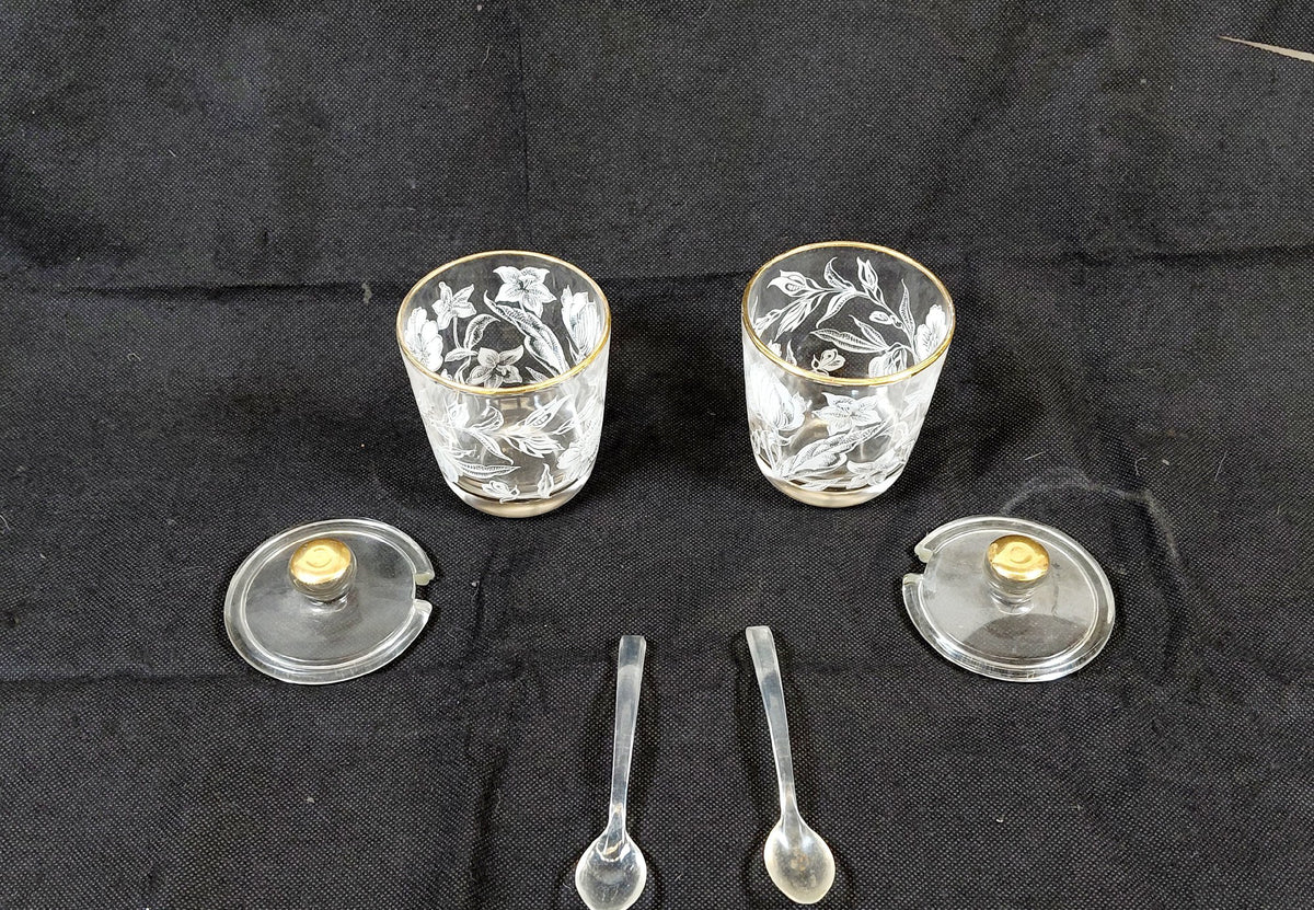 Glass Condiment Jars with Gold Trim and Holder Set