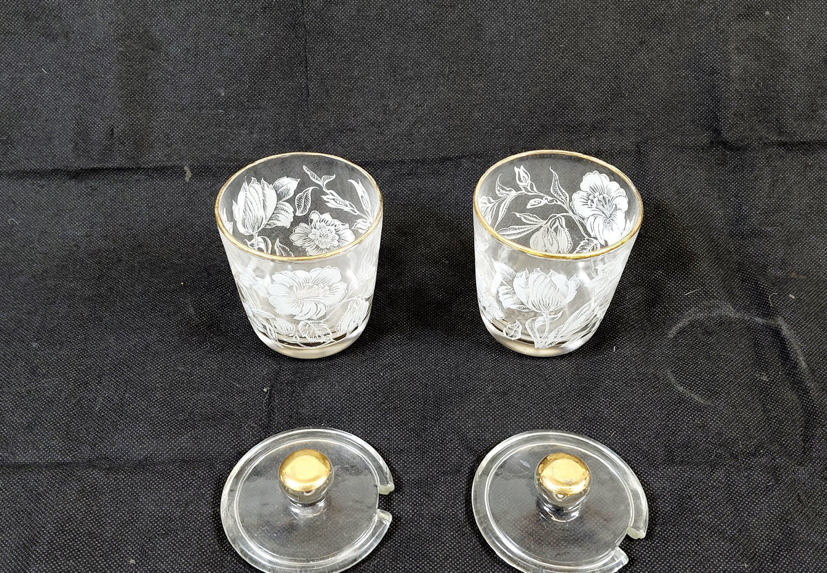 Glass Condiment Jars with Gold Trim and Holder Set