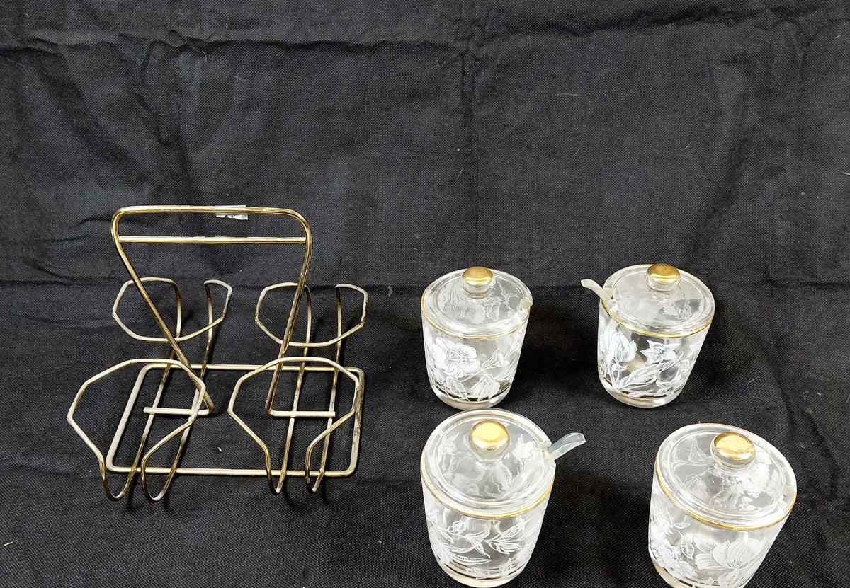 Glass Condiment Jars with Gold Trim and Holder Set