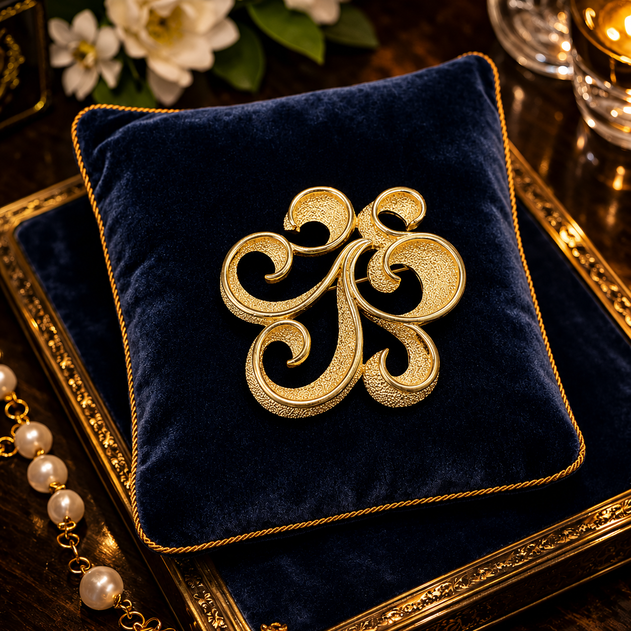 Trifari Gold Tone Scroll Brooch | Vintage Openwork Designer Pin