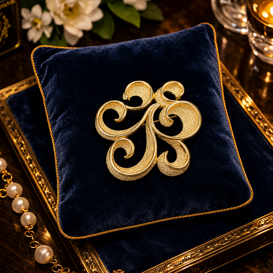 Signed Trifari gold-tone openwork scroll brooch