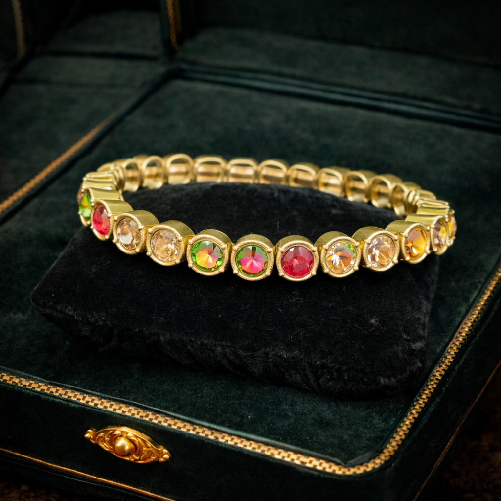 Vintage Style Stella & Dot Gold Tone Multicolor Rhinestone Bracelet with Bezel Set Crystal Line, Rainbow Sparkle, Curated Estate Glam, 24g