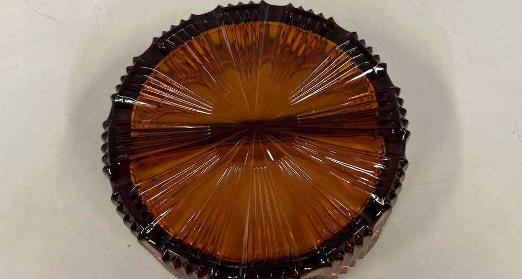 1960s–1970s Pressed Glass Amber Ribbed Sunburst Divided Candy Dish Pineapple Finial 6 In