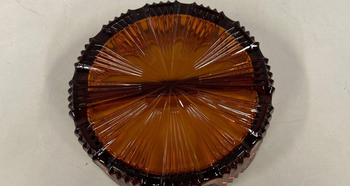 1960s–1970s Pressed Glass Amber Ribbed Sunburst Divided Candy Dish Pineapple Finial 6 In