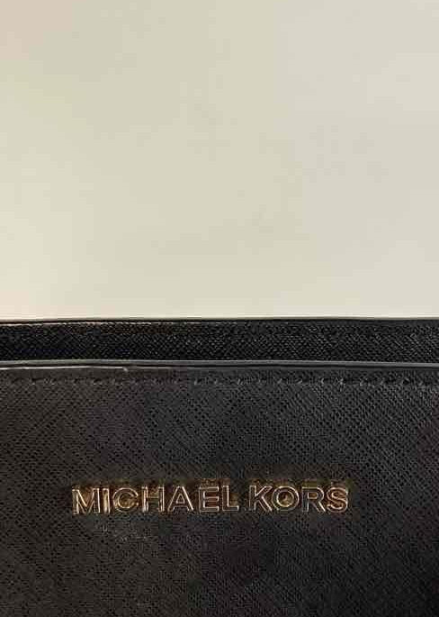 Michael Kors black saffiano leather crossbody with gold-tone pyramid studs, view 3