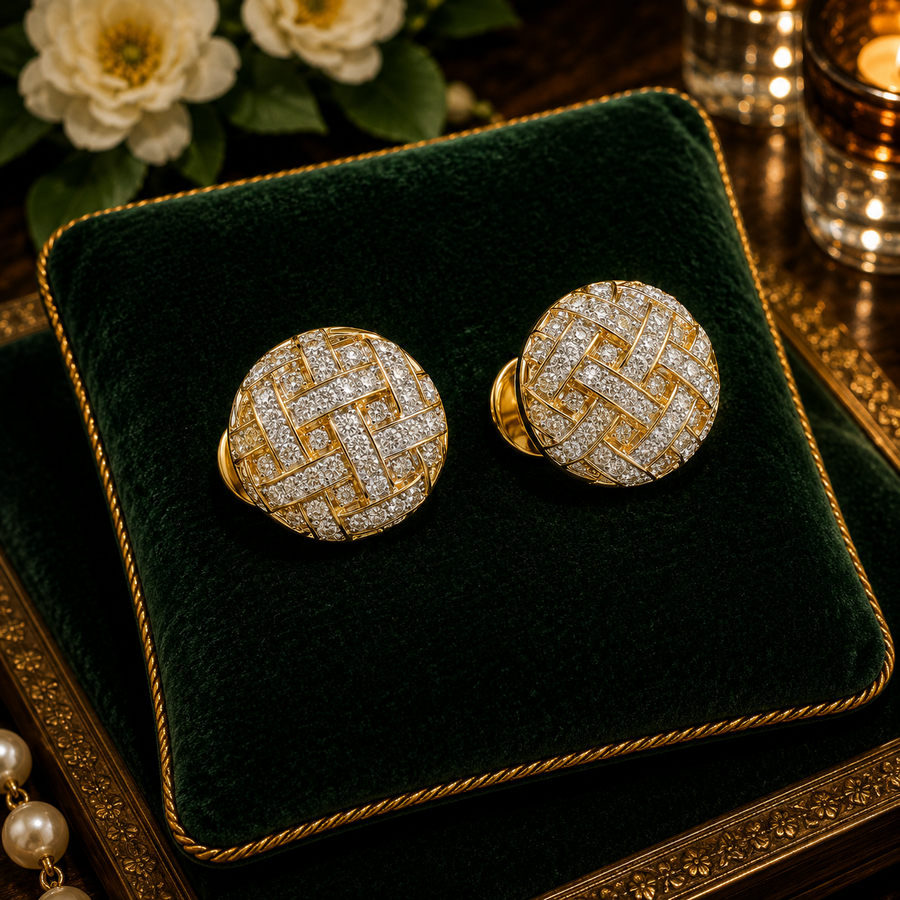 Signed Swarovski gold-tone basketweave clip earrings with clear crystals in silver-tone channels