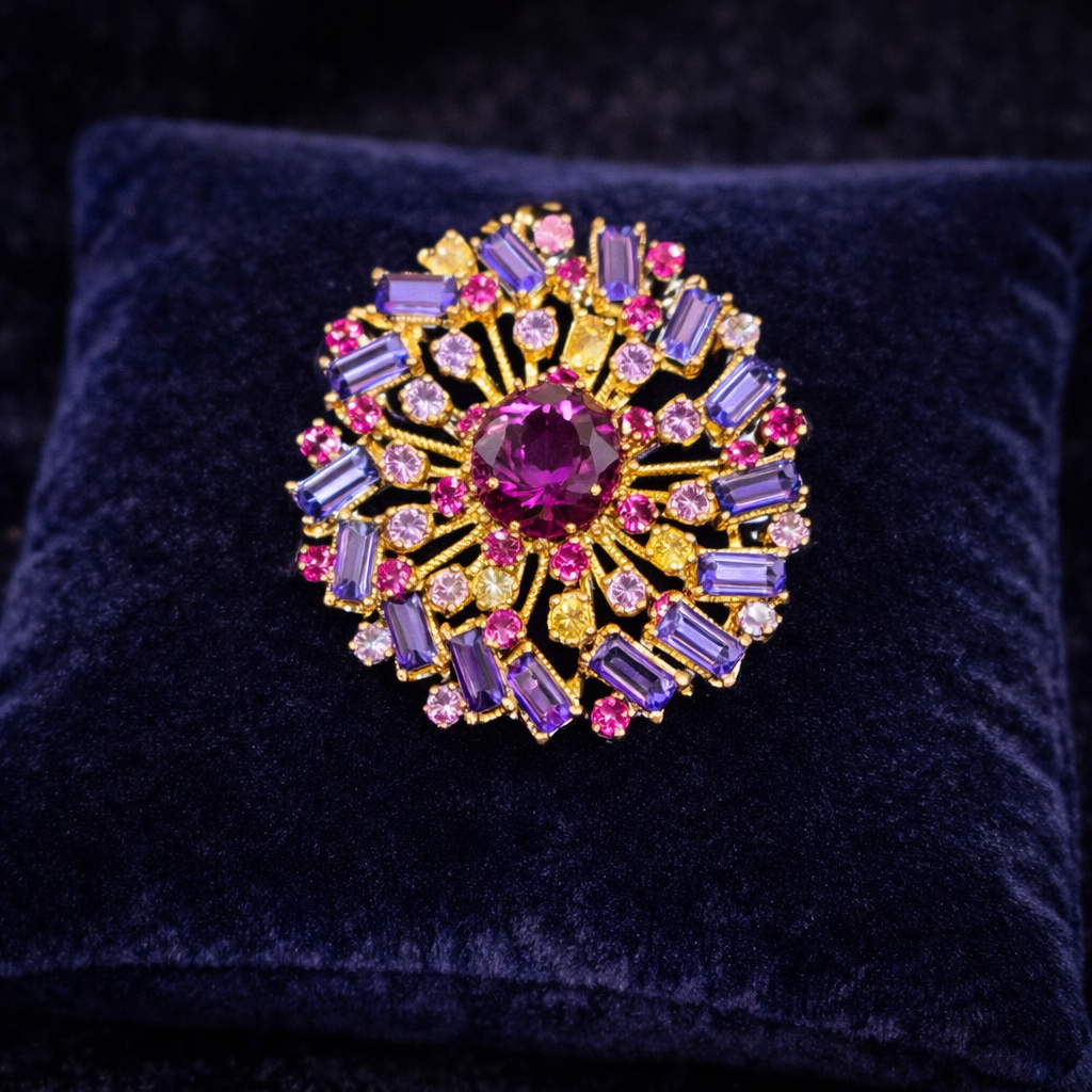 Vintage Austria Signed Gold Tone Rhinestone Brooch with Pink and Lavender Baguette Crystals, Starburst Floral Cluster Design, Estate Statement Jewelry