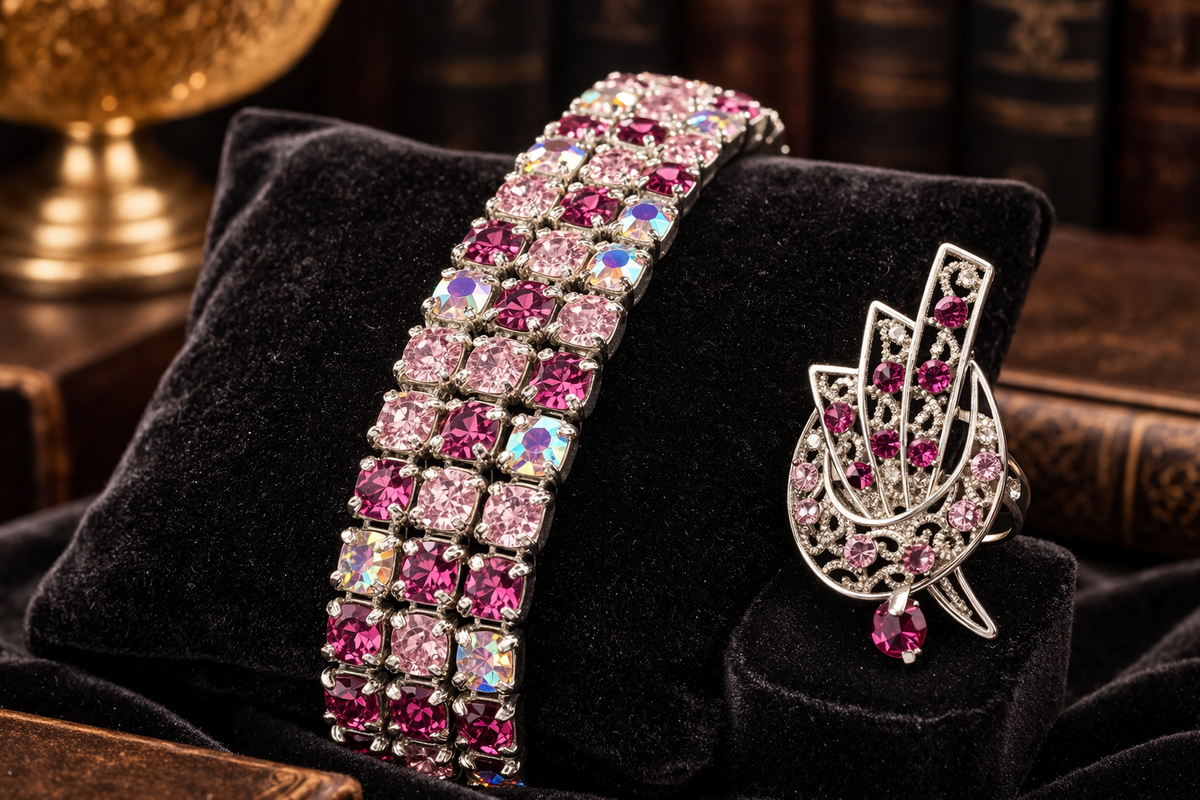 Pink Rhinestone Bracelet & Ring Set – Wide Art Deco Style Crystal Expansion Bracelet Size 7 Statement Ring