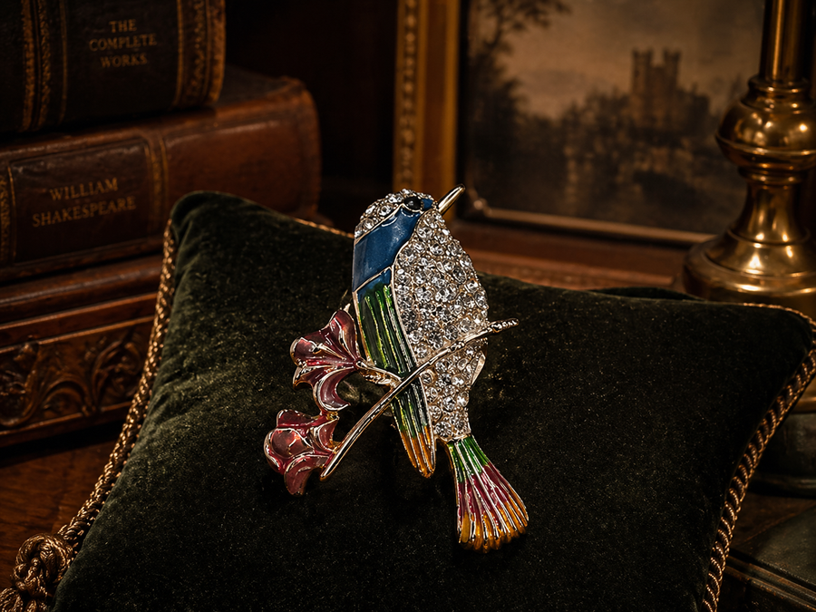 Anne Klein gold-tone bird on branch brooch with clear crystals and blue, green and red enamel, with box