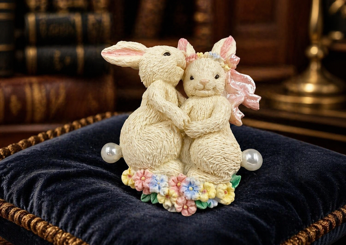 Avon brooch of two cream bunnies on a floral base with faux pearls and pink bow, with Avon box