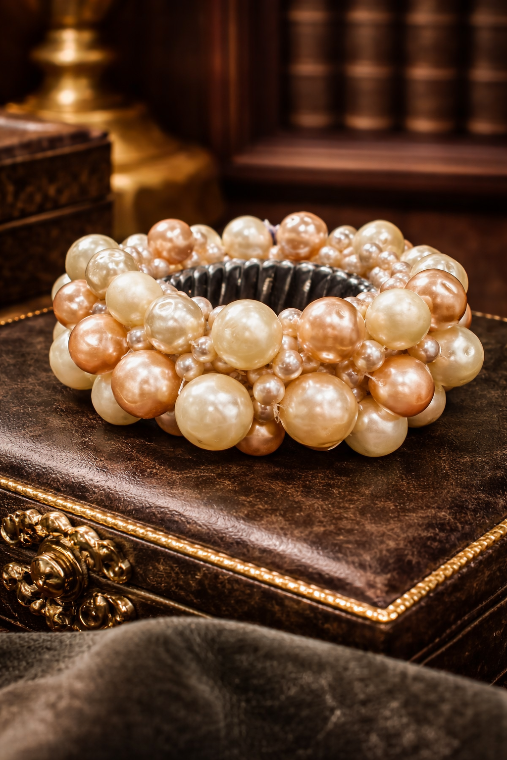Faux Pearl Cluster Bracelet Champagne Ivory Beaded Stretch Statement Bracelet Bold Textured Bubble Jewelry