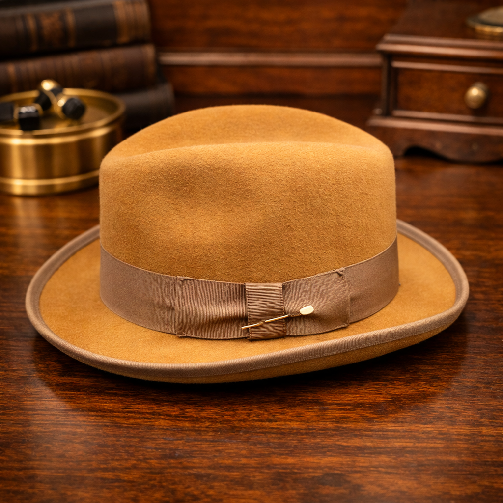 Bailey tan felt wide brim hat with taupe ribbon band