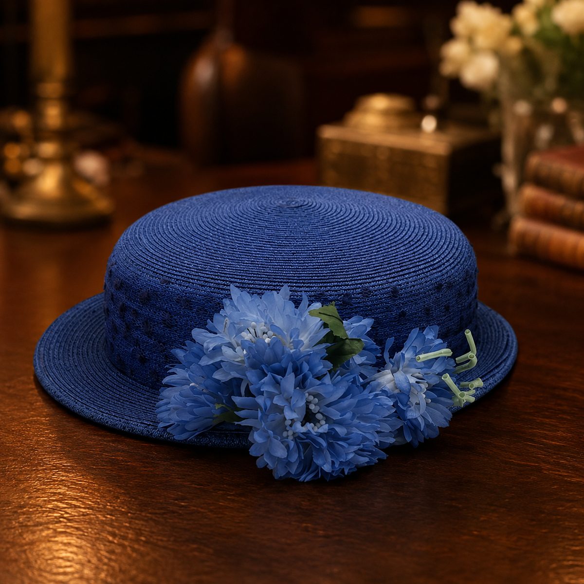 Blue straw Breton hat with upturned brim and blue floral trim