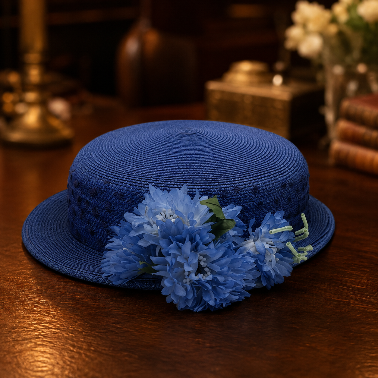 Vintage Blue Straw Breton Hat with Floral Trim | Retro Garden Party Statement Hat