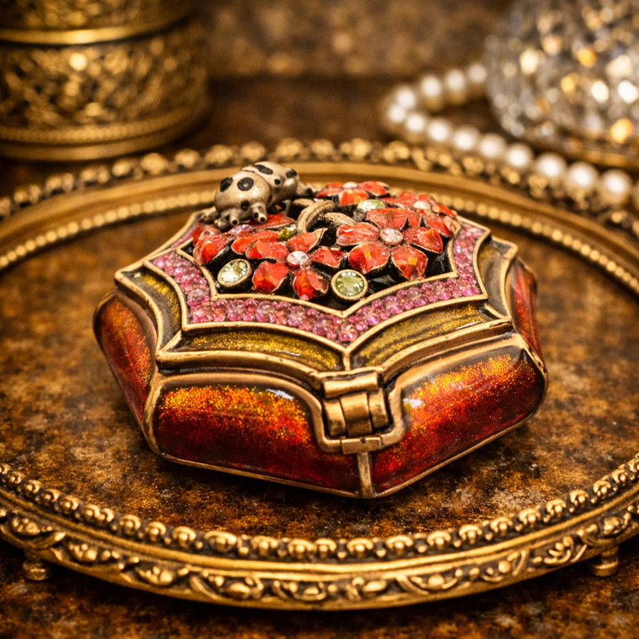 Gold-tone ladybug enameled hinged trinket box with rhinestone accents