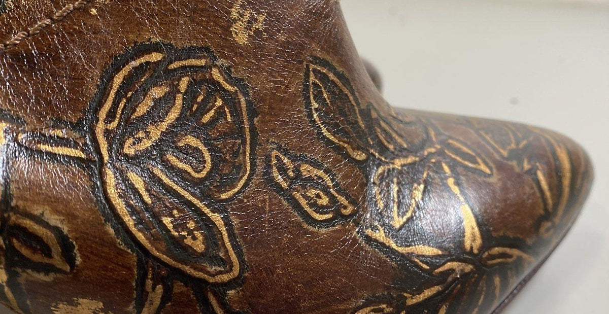 Patricia Nash Ruffina brown mule pumps with floral tooled-style embossing, view 4