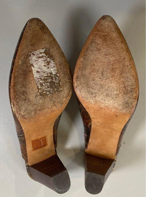 Patricia Nash Ruffina brown mule pumps with floral tooled-style embossing, view 7