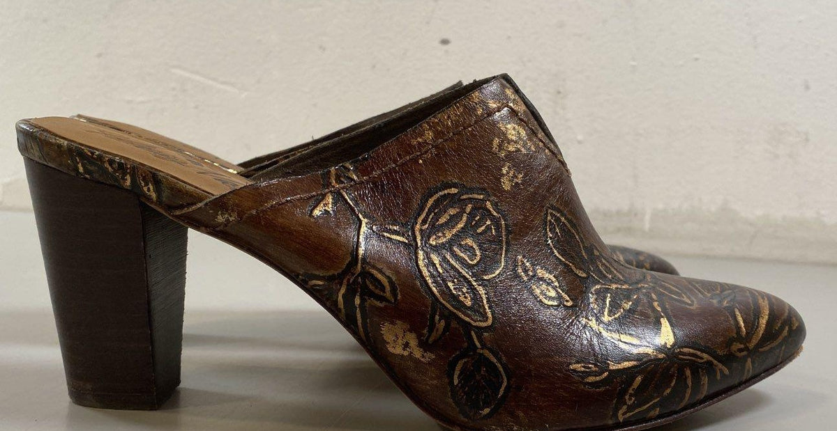 Patricia Nash Ruffina brown mule pumps with floral tooled-style embossing, view 10
