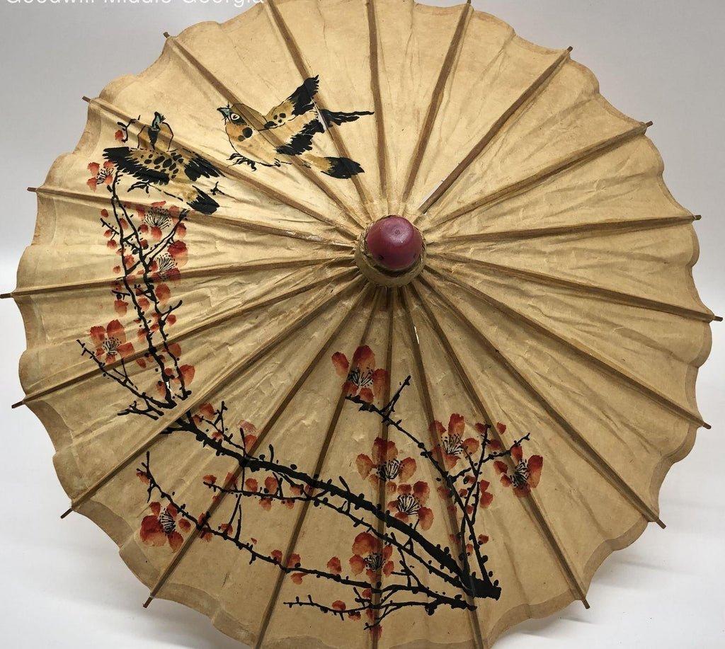 Vintage Hand-Painted Birds & Cherry Blossom on Lacquered Rice Paper Parasol
