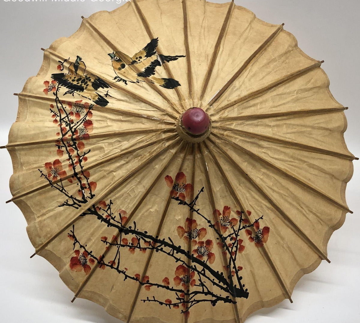 Vintage Hand-Painted Birds & Cherry Blossom on Lacquered Rice Paper Parasol