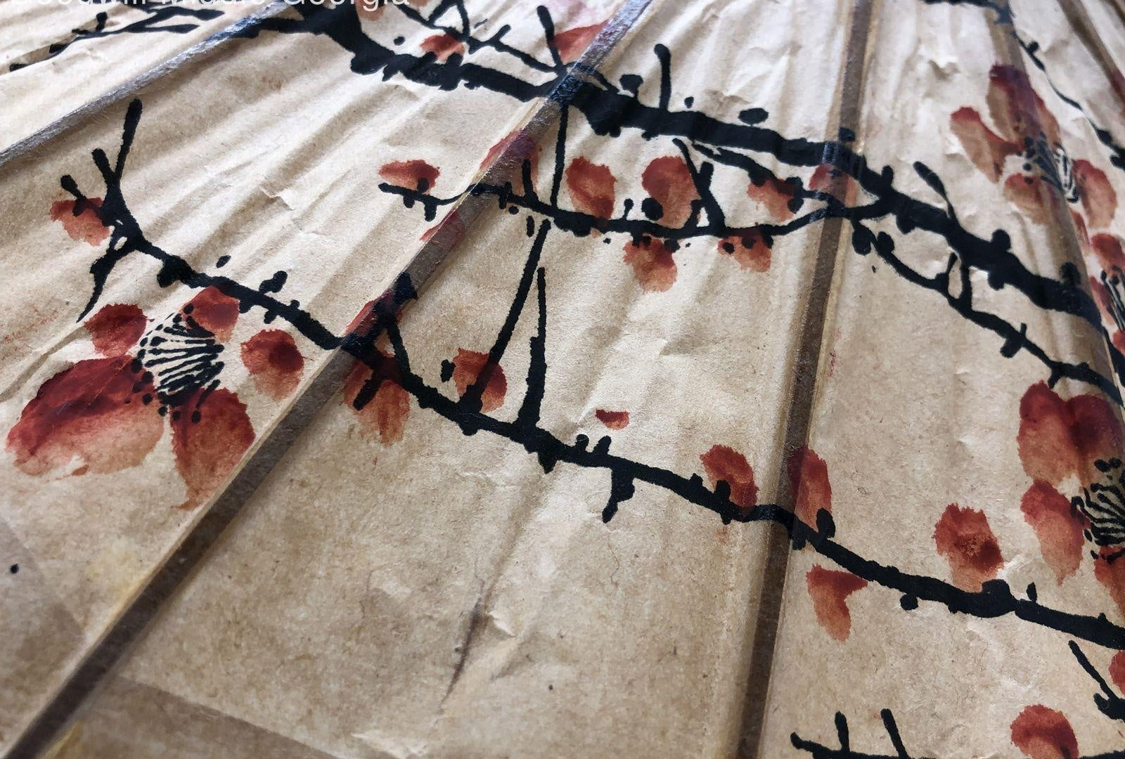 Vintage Hand-Painted Birds & Cherry Blossom on Lacquered Rice Paper Parasol