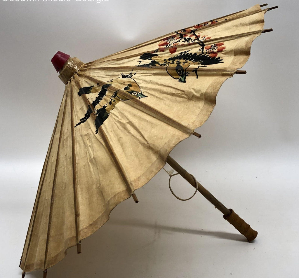 Vintage Hand-Painted Birds & Cherry Blossom on Lacquered Rice Paper Parasol