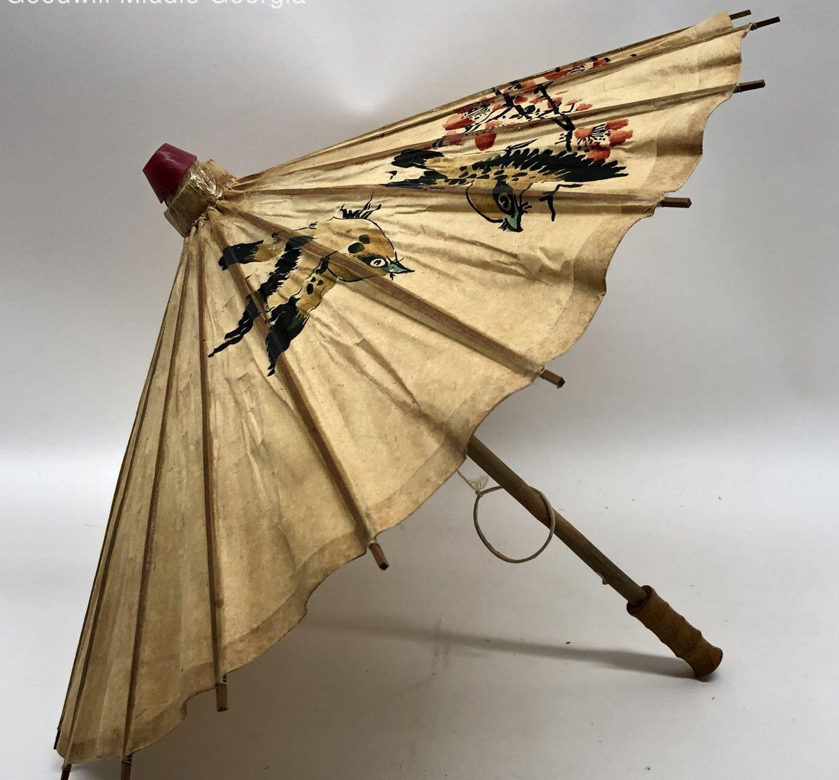 Vintage Hand-Painted Birds & Cherry Blossom on Lacquered Rice Paper Parasol