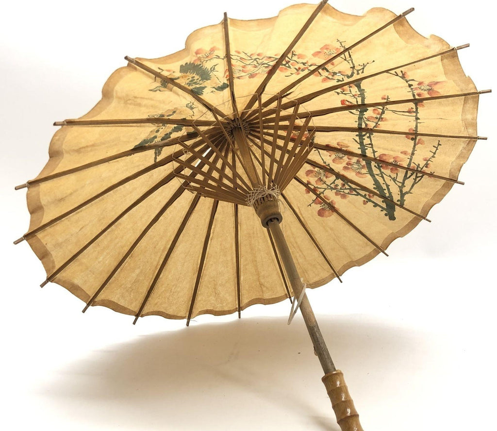 Vintage Hand-Painted Birds & Cherry Blossom on Lacquered Rice Paper Parasol