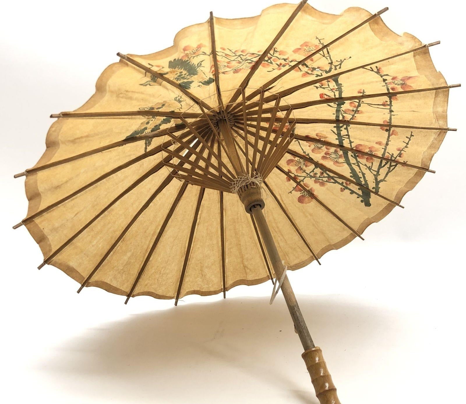 Vintage Hand-Painted Birds & Cherry Blossom on Lacquered Rice Paper Parasol