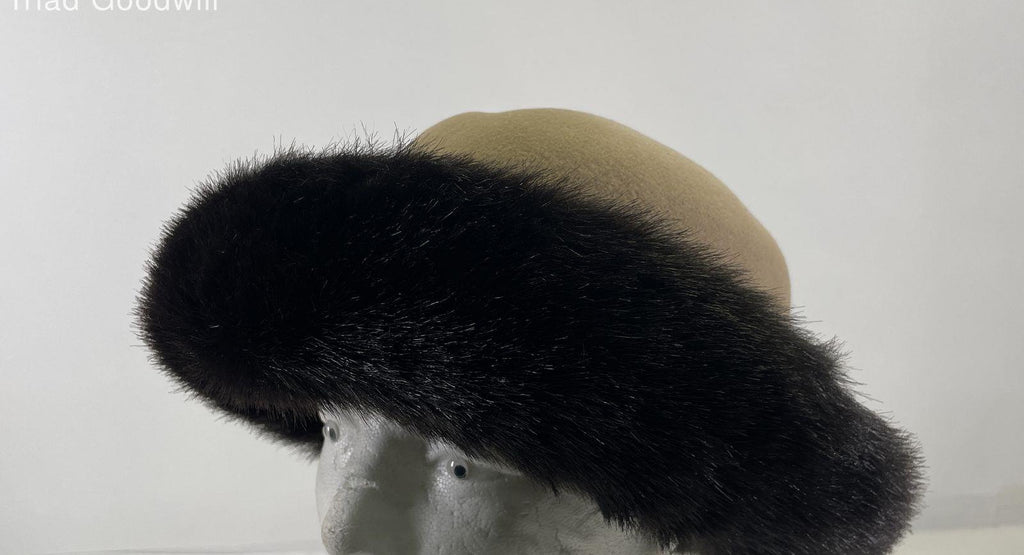 Women's Vintage Bloomingdale's Tan Hat with Faux Fur Trim, Made in Italy